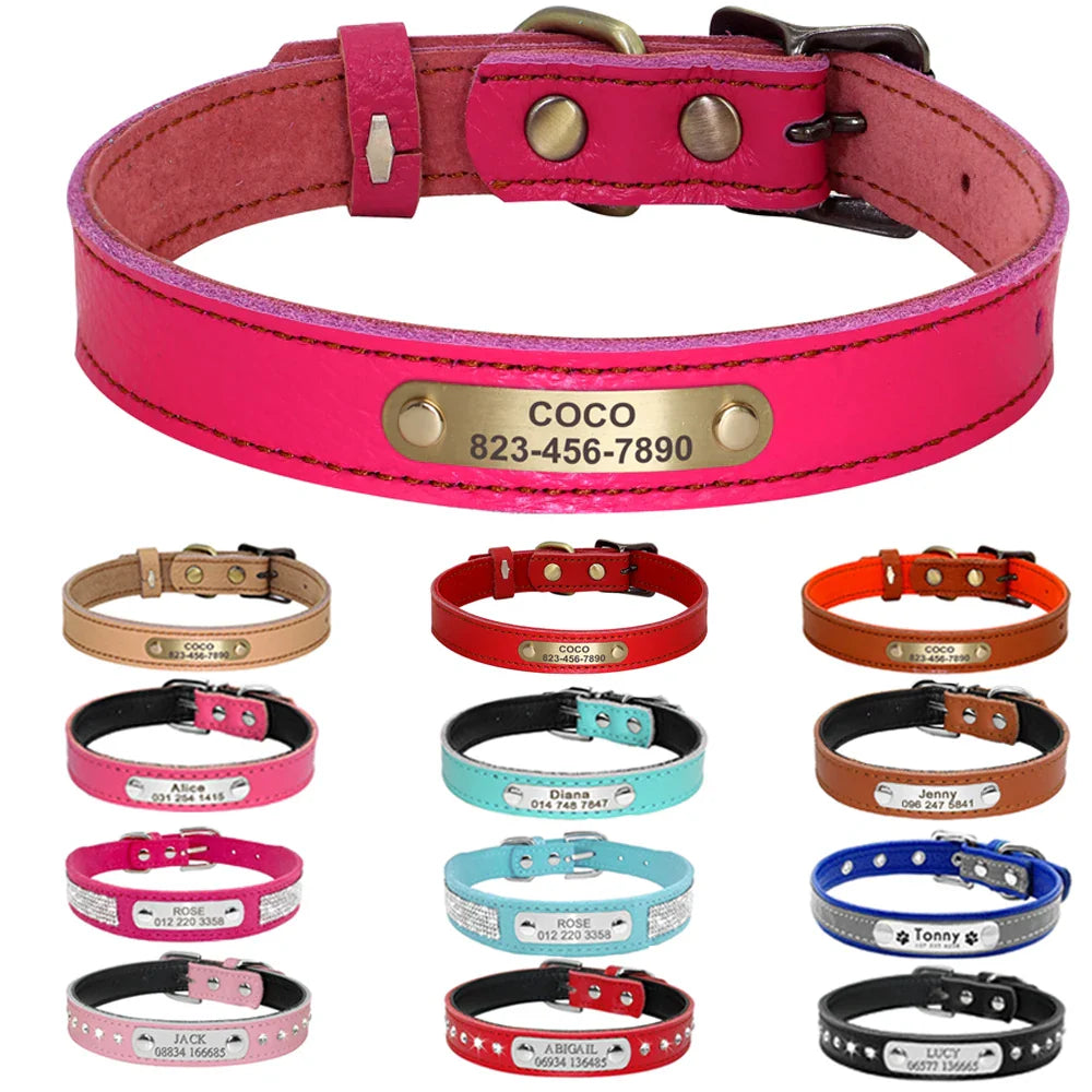Personalized PU Leather Dog Collar with ID Tag-0